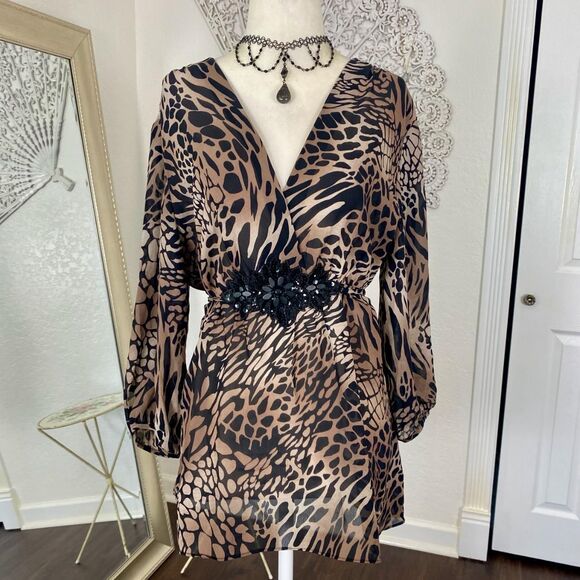 Early 2000's Euro Animal Print Cheetah Black Sequin Babydoll Blouse Top L - Picture 5 of 8